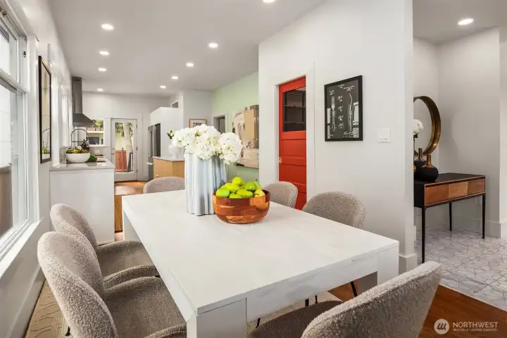 The dining room is large enough for a farm house table.