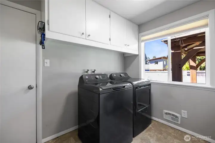 Large laundry room offers a panty area and room to add more storage