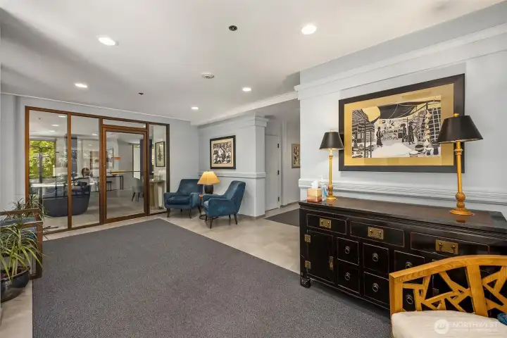 Kelleher House lobby with common room beyond