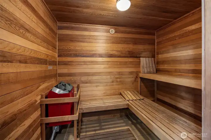 Cedar-lined sauna, located in fitness room
