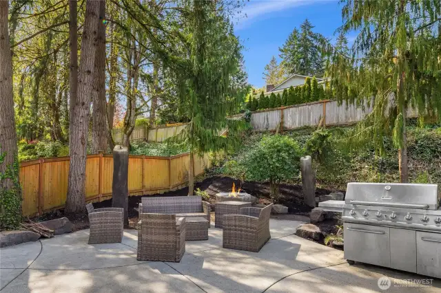 Patio, firepit, torches and gas grill