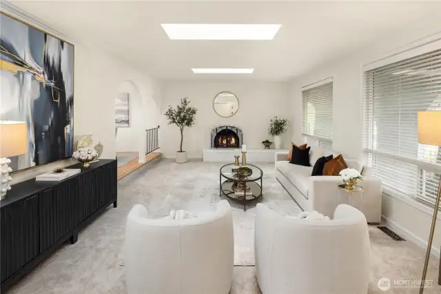 Expansiive living area with huge windows and skylights