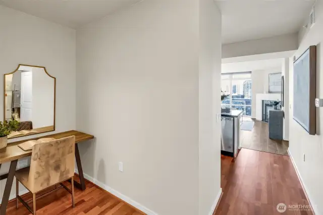 Dedicated Den and formal entry with large backlit closet, utility room (AC + Forced Air!) and Cherry Hardwood Flooring (No carpeting) throughout!
