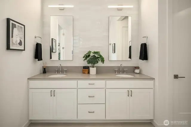 Primary Bathroom with dual vanity. Photo taken from a similar model, may contain upgrades.