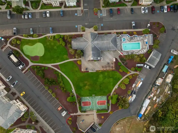 Aerial view of the amenities; The seasonal heated pool and hot tub are great!
