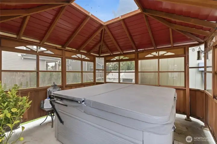 Hot tub inside the gazebo