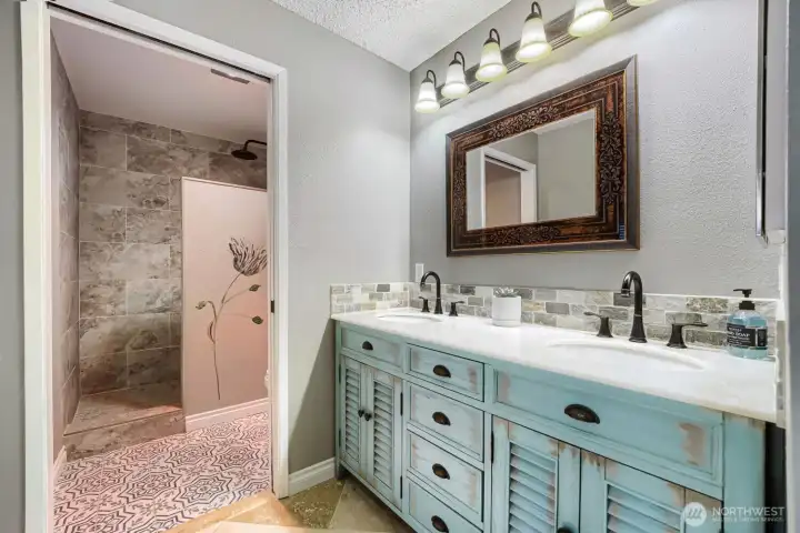 Primary bathroom with huge walk-in shower