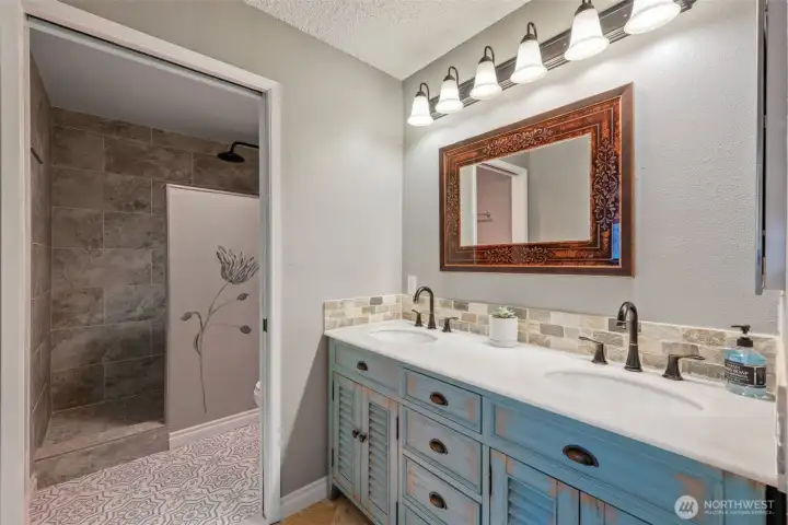 Primary bathroom with huge walk-in shower