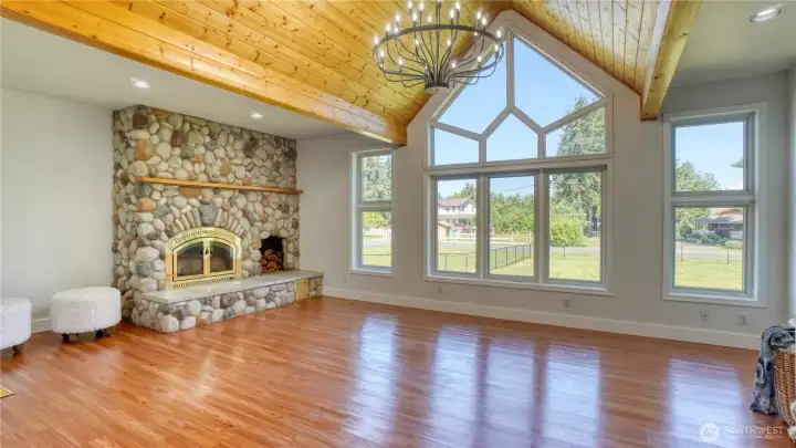 Family room with wood burning fireplace