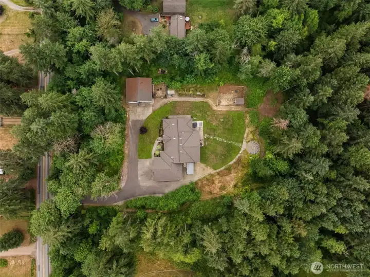 Aerial view highlights the home's spacious setting, detached shop, open lawn, and surrounding mature trees.