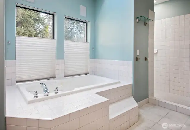 The theme of light continues here. Ceramic tile with a deep tub. Spacious walk in shower, see right edge of this photo.