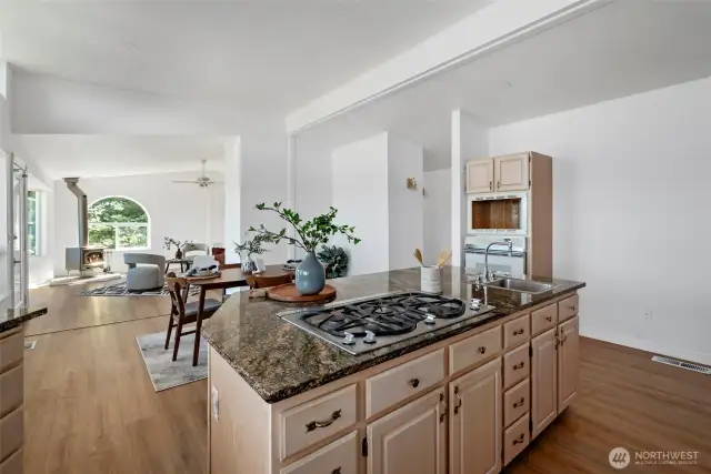 The kitchen flows nicely into the dining area and living room.