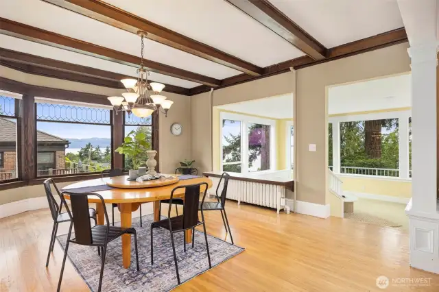 Bay window with leaded glass windows has lovely bay views.