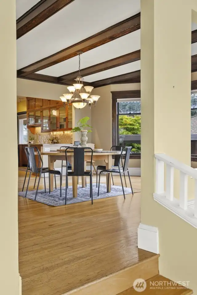 Looking through the dining room to the kitchen.