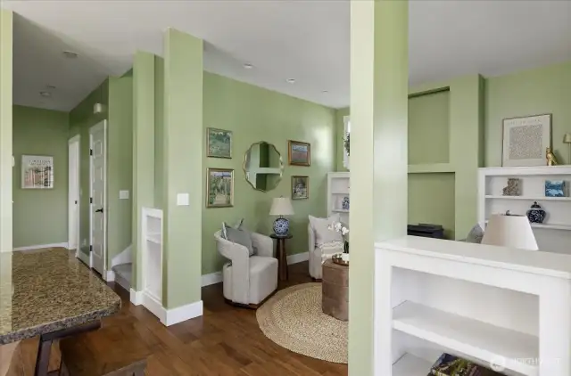 Open living room with propane stove for warmth and ambiance.