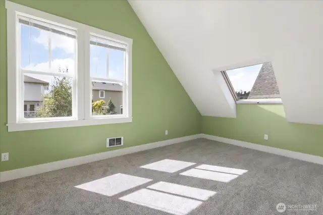 Second guest room with high ceilings and skylight.