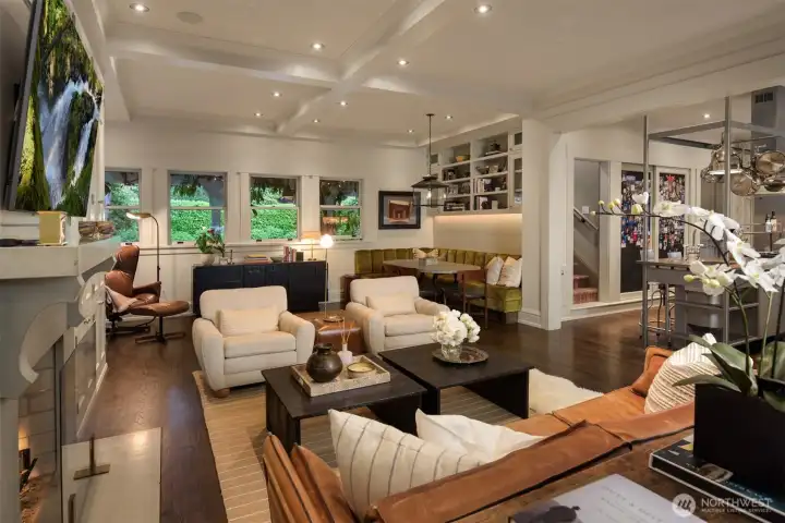 A custom banquette offers a front row seat to life at home.