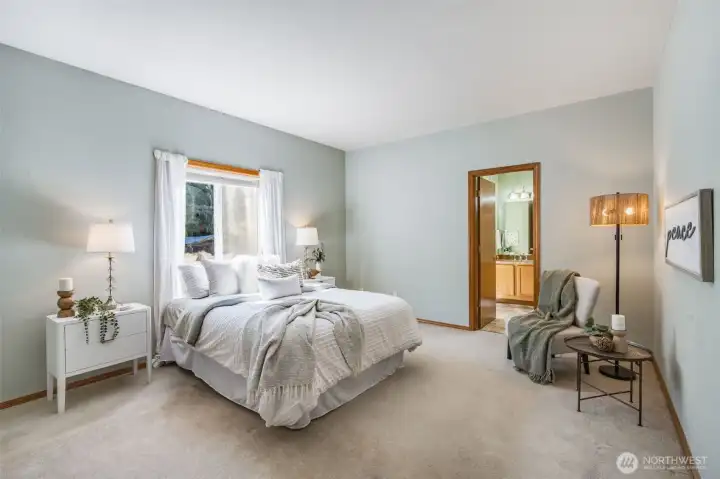 The primary suite is large enough for your furniture ensemble.