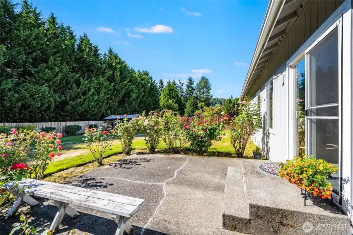 Enjoy peaceful mornings or evening sunsets surrounded by beautiful blooming roses on the back patio.