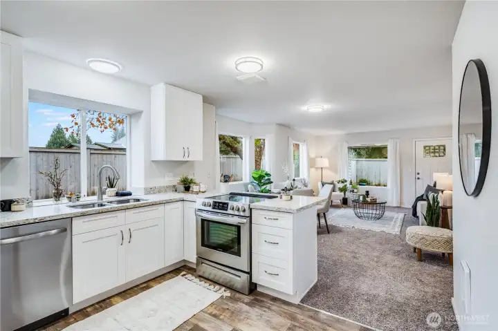 Upon entry, you'll find a lovely, updated living space with modern designs.