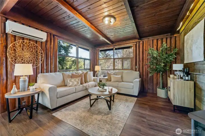 Cozy living room with wood stove and AC