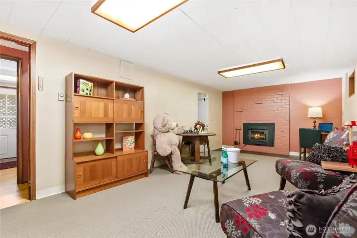 Huge recreation room downstairs with wood burning fireplace insert