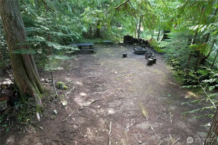 Large open space with picnic table and firepit.