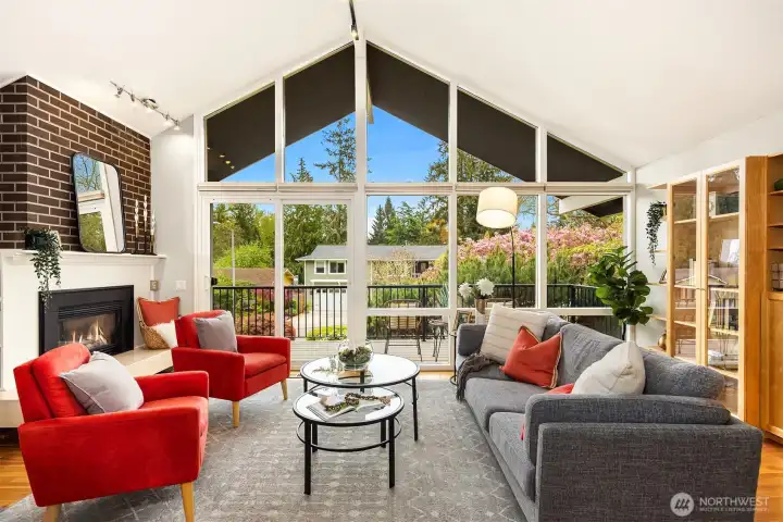 A gas fireplace keeps the space cozy