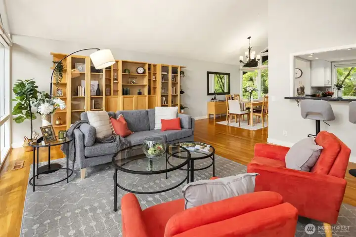 Spacious great room incorporates the formal living and dining rooms with convenient pass through access to the kitchen