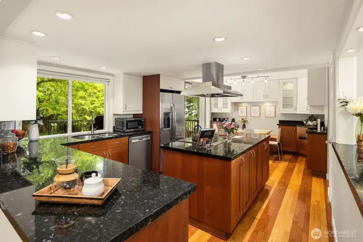 Modern kitchen with abundant cabinet storage, slab granite counters and stainless appliances