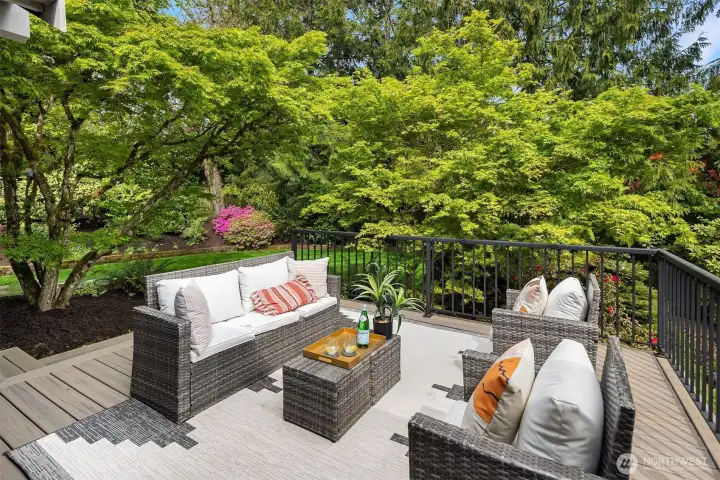 Such a relaxing space to enjoy a morning coffee or an evening glass of wine while taking in the sights and sounds of nature