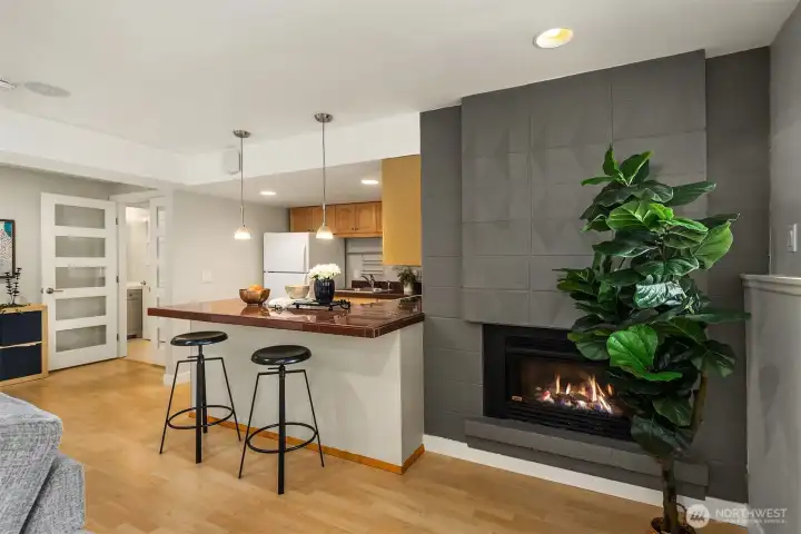 Gas fireplace keeps the space cozy