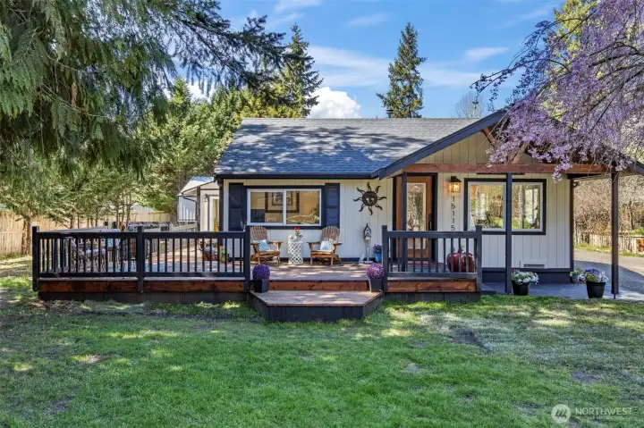 Front entry of Home with Vaulted custom Cedar Wood!