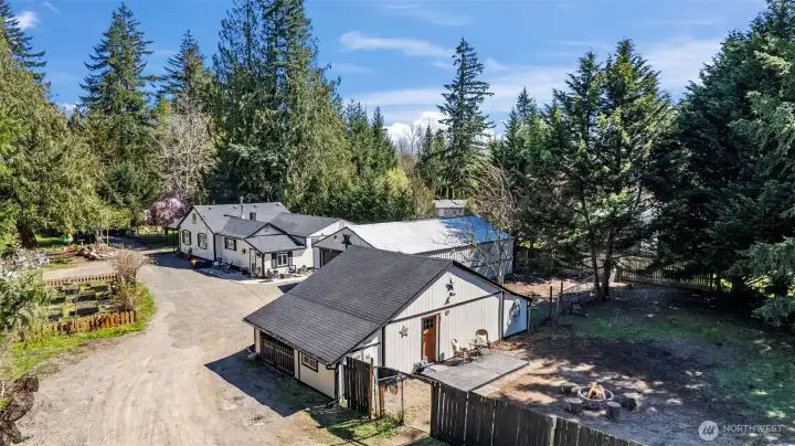 Aerial View of Back of Barn/ADU large fenced area & firepit!