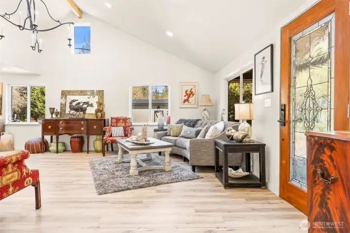 View from office of custom beveled glass leaded front door entrance to living room!