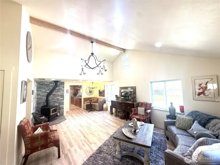 View from front door of 4x4 ft chandelier with vaulted ceilings!