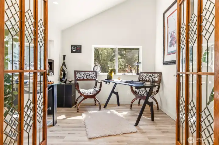 Vaulted office/den with antique wood/french glass beveled lead door!