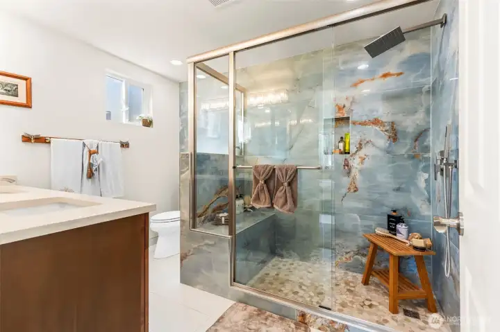 Primary Ensuite Spa-inspired Shower with huge custom shower and double vanity!