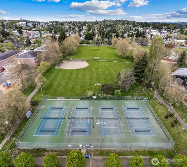 This beautiful park is across the road—tennis and pickleball courts, playfields, playground, and green space.