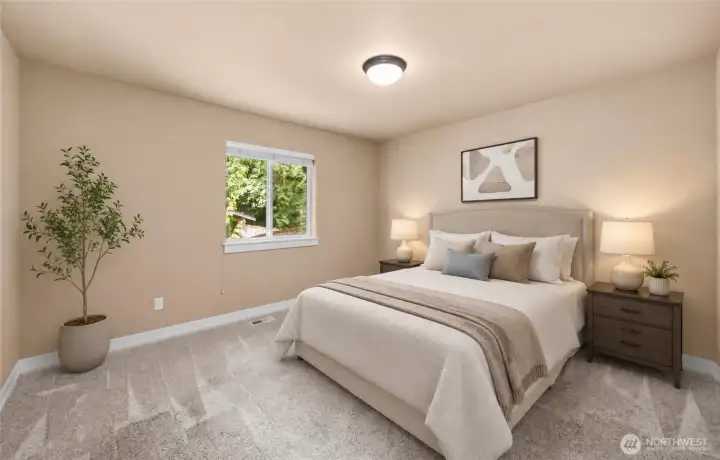 Bedroom 1 is generously sized and located upstairs.      (photo virtually staged)