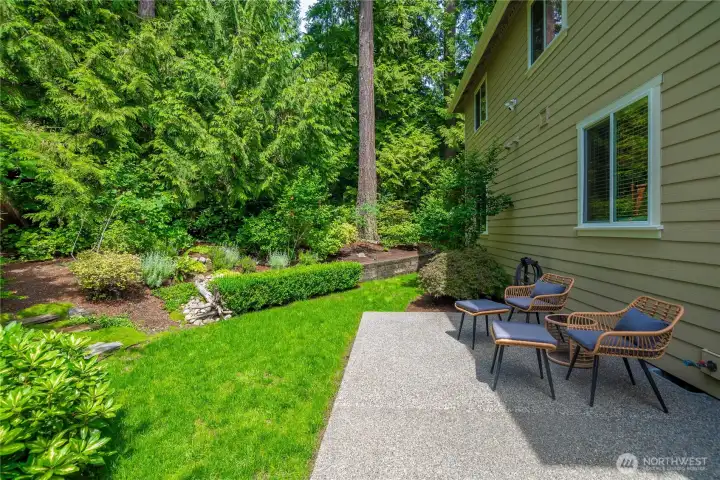 The spacious back yard patio is perfect for entertaining or just hanging out and enjoying nature.