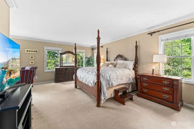 A portion of your large and delightful primary suite. Note the abundant windows and crown molding that make this room an ideal retreat.