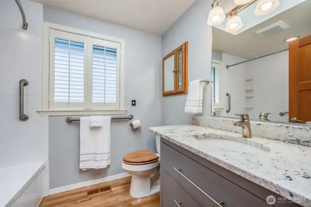 Full bathroom located on the main floor next to the guest room