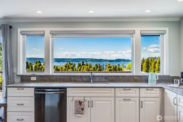 Even the kitchen has views of the water and mountains