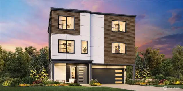 Rendering of the Bellfield Contemporary with a backdrop of 17 acres of protected greenbelt.
