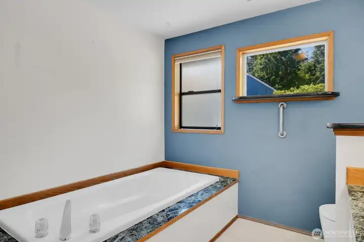 Primary bathroom with deep soaking tub.