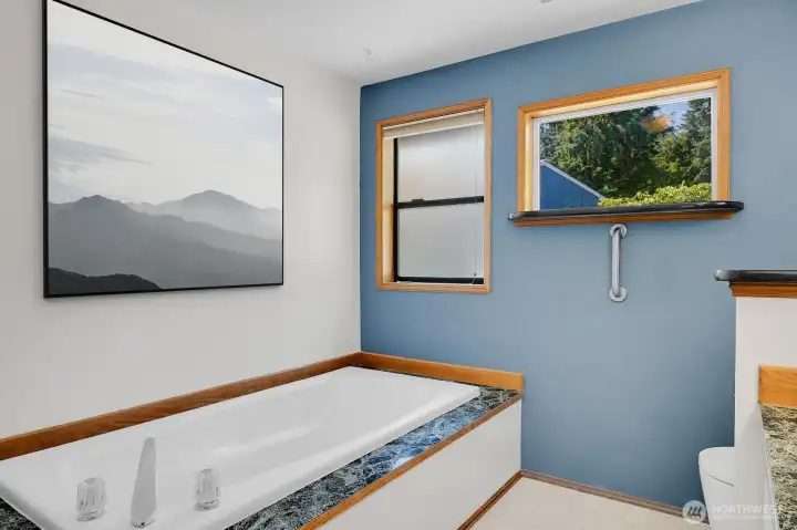 Primary bathroom with deep soaking tub.