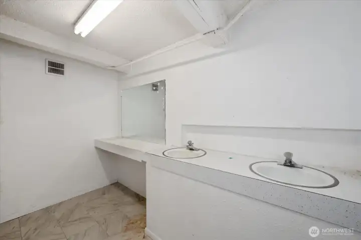 3/4 bath with double sink in lower level.