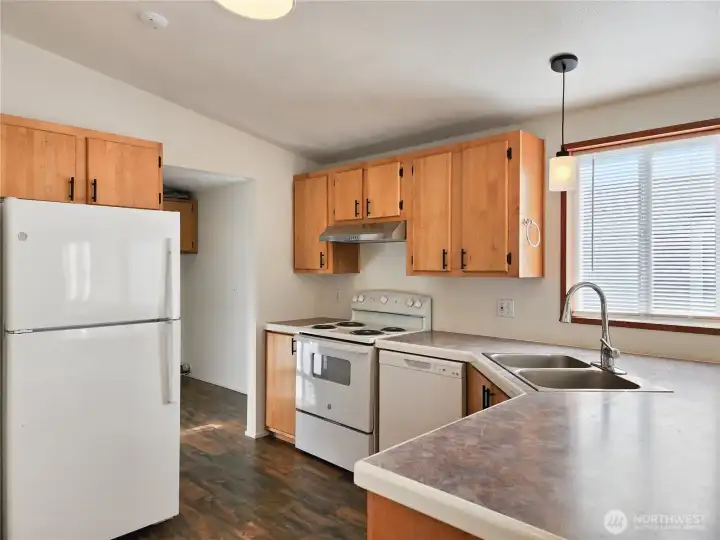 Bright and functional kitchen featuring a walk-in pantry, ample cabinetry, and all appliances included.