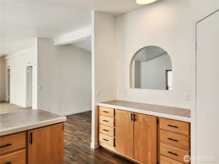 The is great space for meal prep with a cozy nook ideal for your coffee bar.